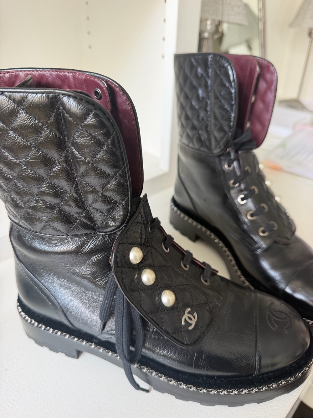 CHANEL Black Quilted Leather Pearl-Accented Combat Boots size 39 / 8